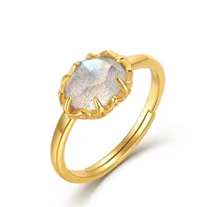 Vintage S925 Sterling Silver Gold Plated Labradorite Open Ring For Women Adjustable Oval Gemstone Elegant Fine Jewelry Gift