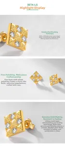 Close-up of square S925 sterling silver gold earrings with pyramid texture and zircon studs