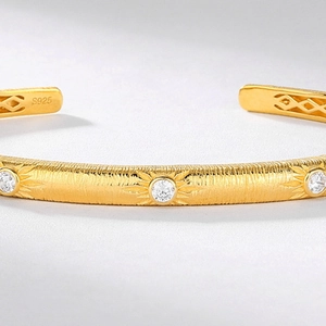 French vintage S925 silver gold bracelet with brushed finish and zircon sunburst carvings