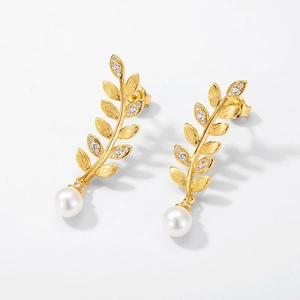 Handcrafted brushed gold leaf drop earrings with S925 silver and elegant white pearls