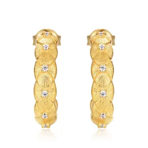 New Chinese Retro Brushed Stud Earrings 925 Sterling Silver Gold Plated Zirconia Inlaid Luxury Jewelry For Women