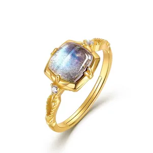 Vintage 925 Sterling Silver Gold Plated Square Labradorite Ring Elegant Geometric Adjustable Zirconia Jewelry For Women