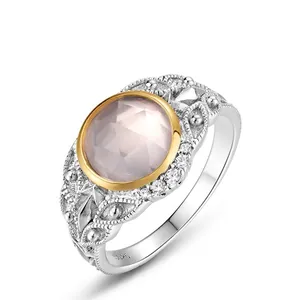 Bague en Argent Sterling 925 Vintage Avec Quartz Rose Naturel Gravure Florale Strass Élégant Bijoux pour Femmes Cadeau