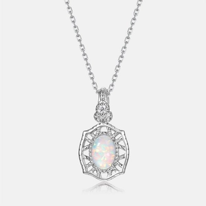 Elegant S925 sterling silver hollow necklace with iridescent oval opal and zircon stone