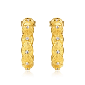 Retro lattice textured gold plated S925 silver earrings with diamond accents