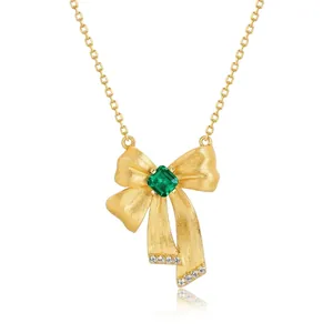 S925 Sterling Silver Bowknot Pendant Necklace With Lab Created Emerald Green Stone Elegant Rhinestone Bow Jewelry For Women