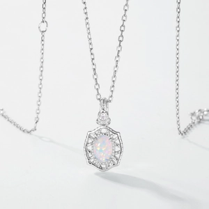 Minimalist S925 silver hollow necklace featuring oval white opal and tiny zircon stone