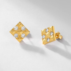Minimalist square S925 sterling silver gold-plated stud earrings with sunburst pattern