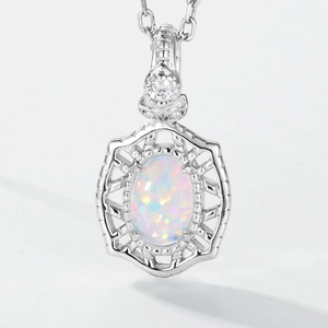 Elegant S925 sterling silver opal pendant featuring a geometric cutout and colorful fire