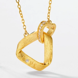 S925 sterling silver gold necklace featuring interlocking heart and LOVE engraved triangle