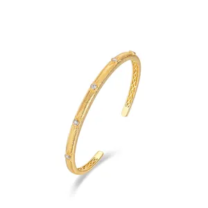 Vintage 925 Sterling Silver Brushed Bangle For Women 10K Gold Plated Zirconia Inlaid Starburst Open Cuff Bangle Jewelry