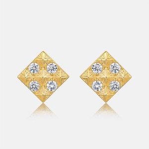 S925 sterling silver gold plated square stud earrings with zircons and starburst texture