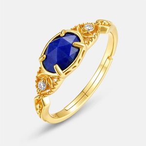 Vintage S925 silver gold-plated ring with oval lapis lazuli and zircon accents
