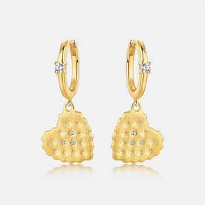 Luxurious gold heart-shaped cookie earrings with brushed texture and zircon accents