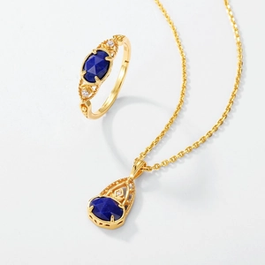 Vintage 925 Silber vergoldetes Set mit Halskette und Ring mit blauem Lapislazuli