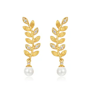 925 Sterling Silver Artificial Pearl Leaf Drop Earrings For Women 10K Gold Plated Hand Brushed Zirconia Botanical Elegant Jewelry Gifts