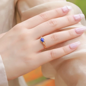 Vintage 925 Sterling Silver Gold Plated Natural Lapis Lazuli Ring For Women Forest Night Sky Adjustable Rhinestone Jewelry