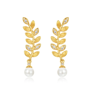 Elegant gold leaf dangle earrings with brushed texture, diamonds, and white pearls