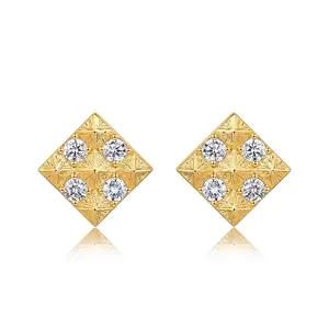 S925 Sterling Silver Square Stud Earrings For Women Gold Plated Geometric Pattern Rhinestone Inlaid Exquisite Fashion Jewelry