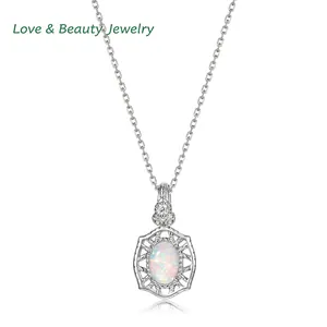 925 Sterling Silver Synthetic Opal Pendant Necklace For Women Retro Hollow Geometric Rhinestone Accent Elegant Jewelry