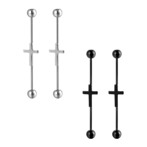 Detail of silver and black stainless steel industrial barbells with cross ornaments