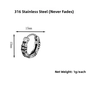 Macro view of 316 stainless steel 15mm earring showing vintage engraved patterns