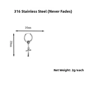 Detailed view of 316 stainless steel ankh cross earring with 39mm length measurement