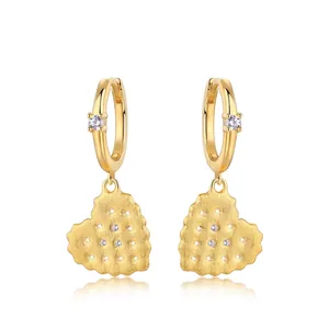 925 Sterling Silver Heart Cookie Hoop Earrings Gold Plated Brushed Zirconia Inlaid Dainty Fashion Jewelry Gift For Women