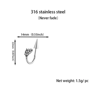 Detailed macro view of 316 stainless steel horseshoe earring with dragon head and cone tip