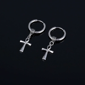 Stainless Steel Ankh Cross Hoop Earrings For Men Women Punk Hip Hop Street Style Silver Color Single Piece Jewelry Accessory