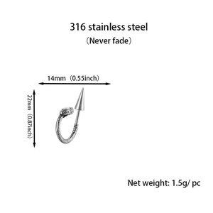 Detail showing 316 stainless steel C-shaped snake stud earrings with precise dimensions