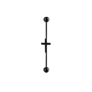 Matte black stainless steel industrial barbell piercing with a minimalist cross pendant