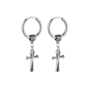 Silver titanium steel huggie earrings featuring Egyptian Ankh cross and Greek key pattern
