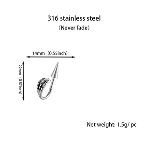 Detailed view of silver punk ear cuff in 316 stainless steel with size dimensions