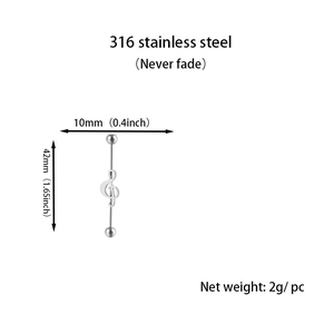 Detailed view of 316 stainless steel industrial barbell with musical note design and size specs