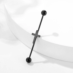 Industrial barbell earring in black stainless steel with cross design for ear piercing