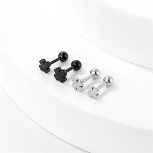Minimalist stainless steel clover stud earrings in matte black and polished silver finish