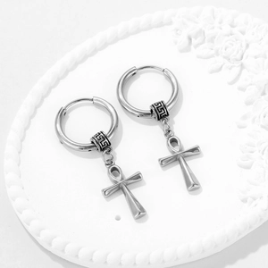 Polished titanium steel Ankh cross hoop earrings with Greek key pattern beads on porcelain
