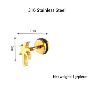 Golden 316 stainless steel palm tree stud earrings with retro coconut tree design