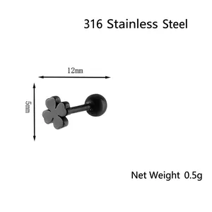 Minimalist black clover stud earrings made of 316L stainless steel for women