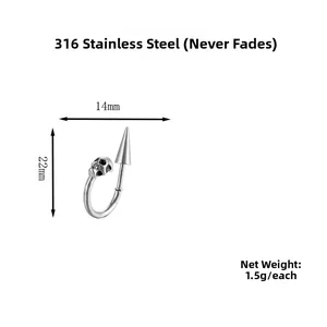 Detail showing 316 stainless steel skull cone hoop earring with precise measurements