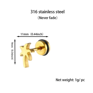 Detail of coconut tree stud earring in 316L stainless steel with dimensions and weight