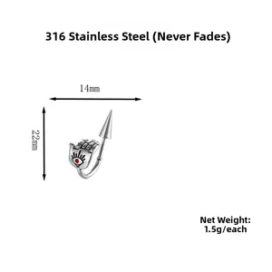 Detailed view of 316 stainless steel Hamsa hand ear stud with red eye and sharp spike tip