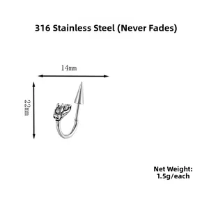 Detail of 316 stainless steel punk dragon hoop earring with weight and size specifications