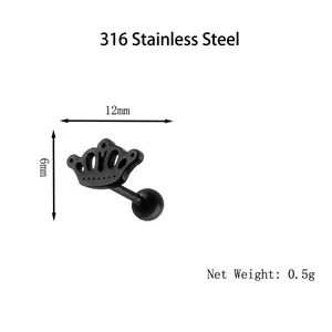 Vintage black crown stud earring in 316L stainless steel with dimensions and weight