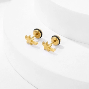 Golden stainless steel palm tree stud earrings with a brushed metallic texture finish