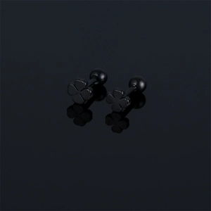 Minimalist black stainless steel four-leaf clover stud earrings with screw ball backs