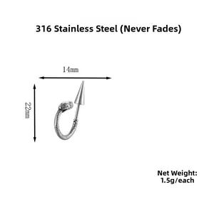 Detailed view of silver snake stud earring made of 316L stainless steel with dimensions