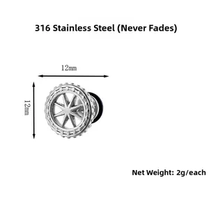 Detailed view of 12mm vintage star pattern 316 stainless steel stud earring