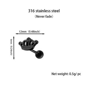 Detailed view of black stainless steel crown stud earring with dimensions and weight specs